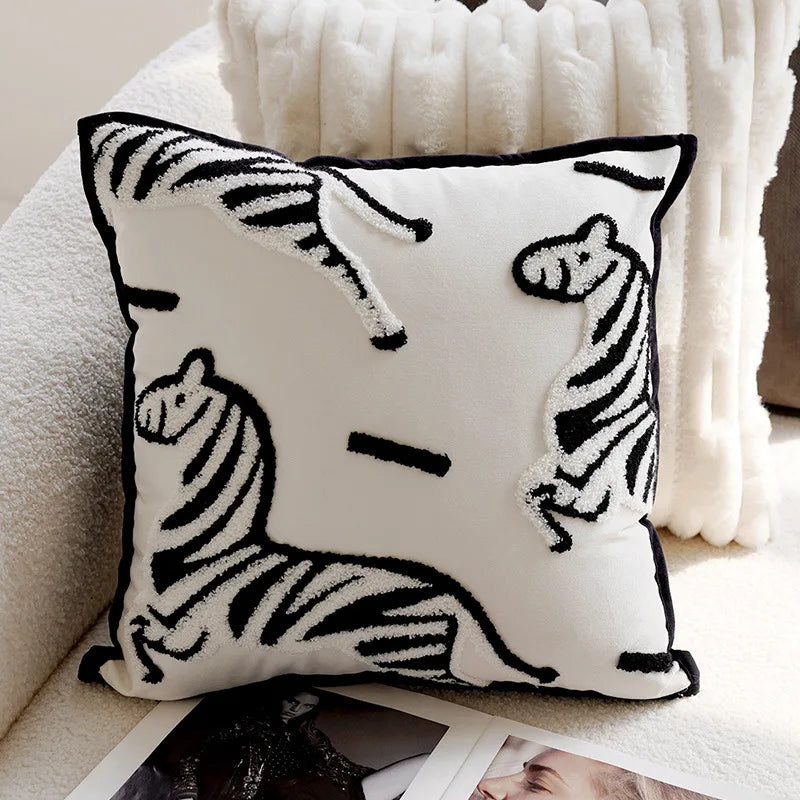 Decorative cushion with zebra pattern on a couch