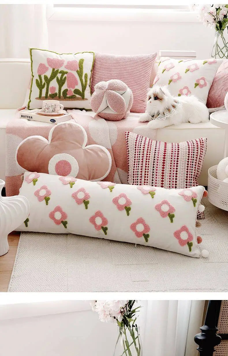 Pink Embroidered Decorative Cushion Cover – Floral Design