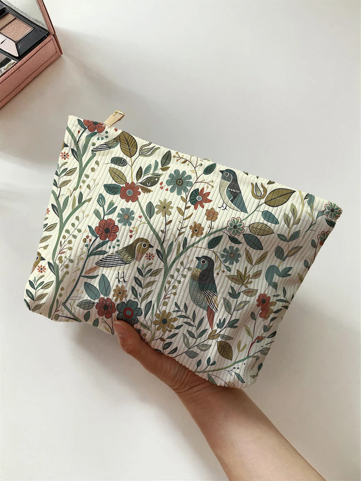 Corduroy Branch Bird Zipper Makeup Bag