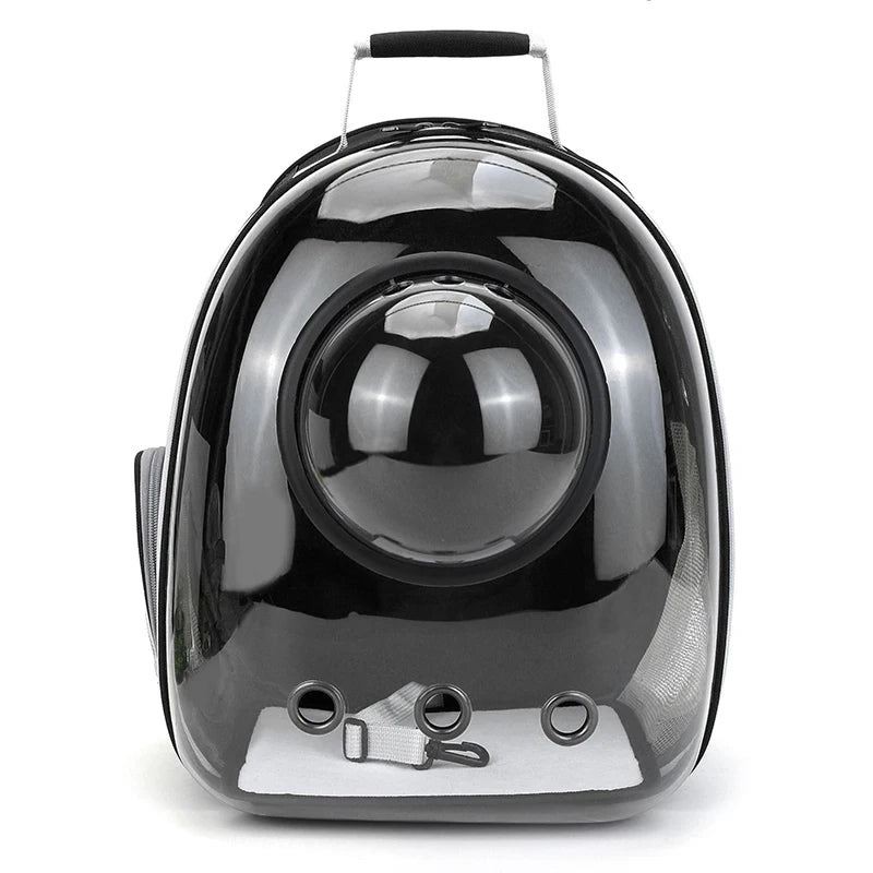 Black pet carrier with a spherical design on a white background