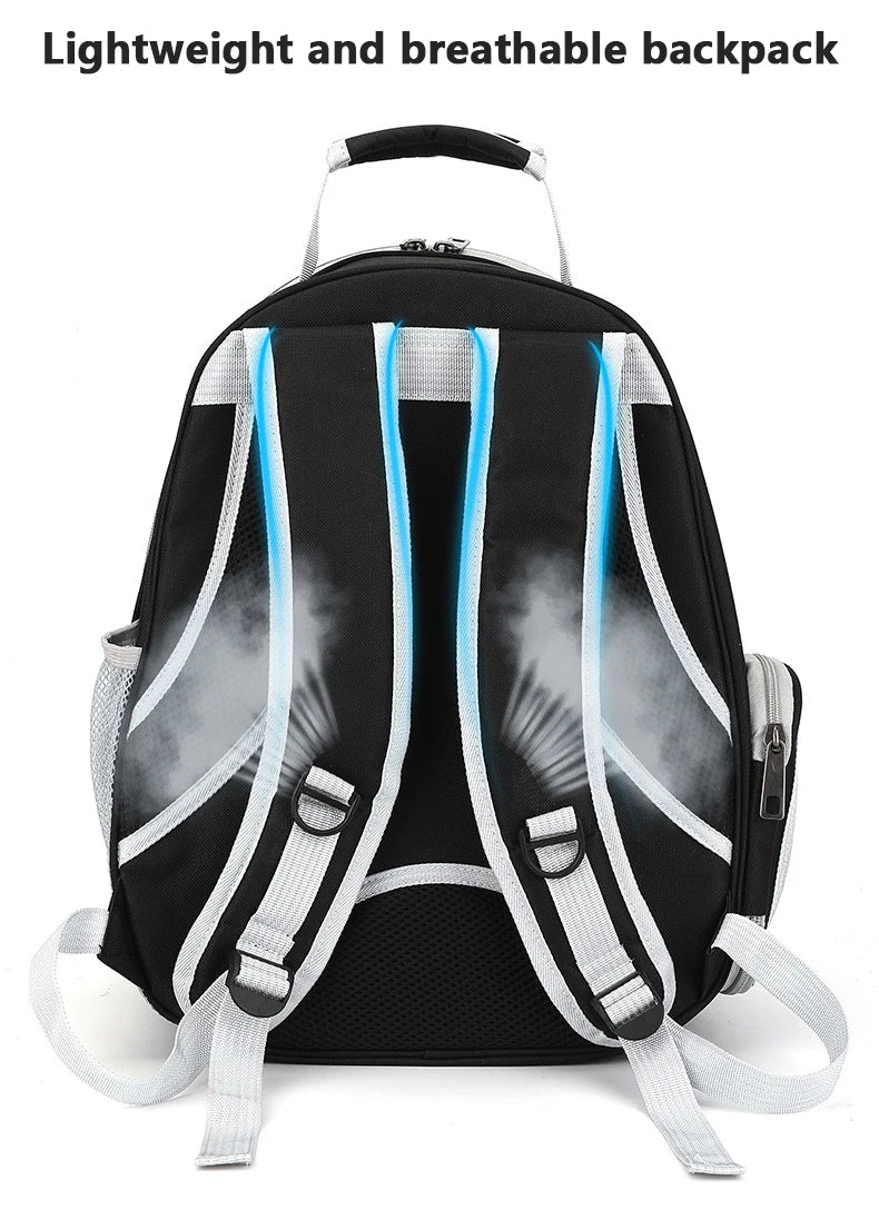 Backpack with black, white, and blue design on a white background