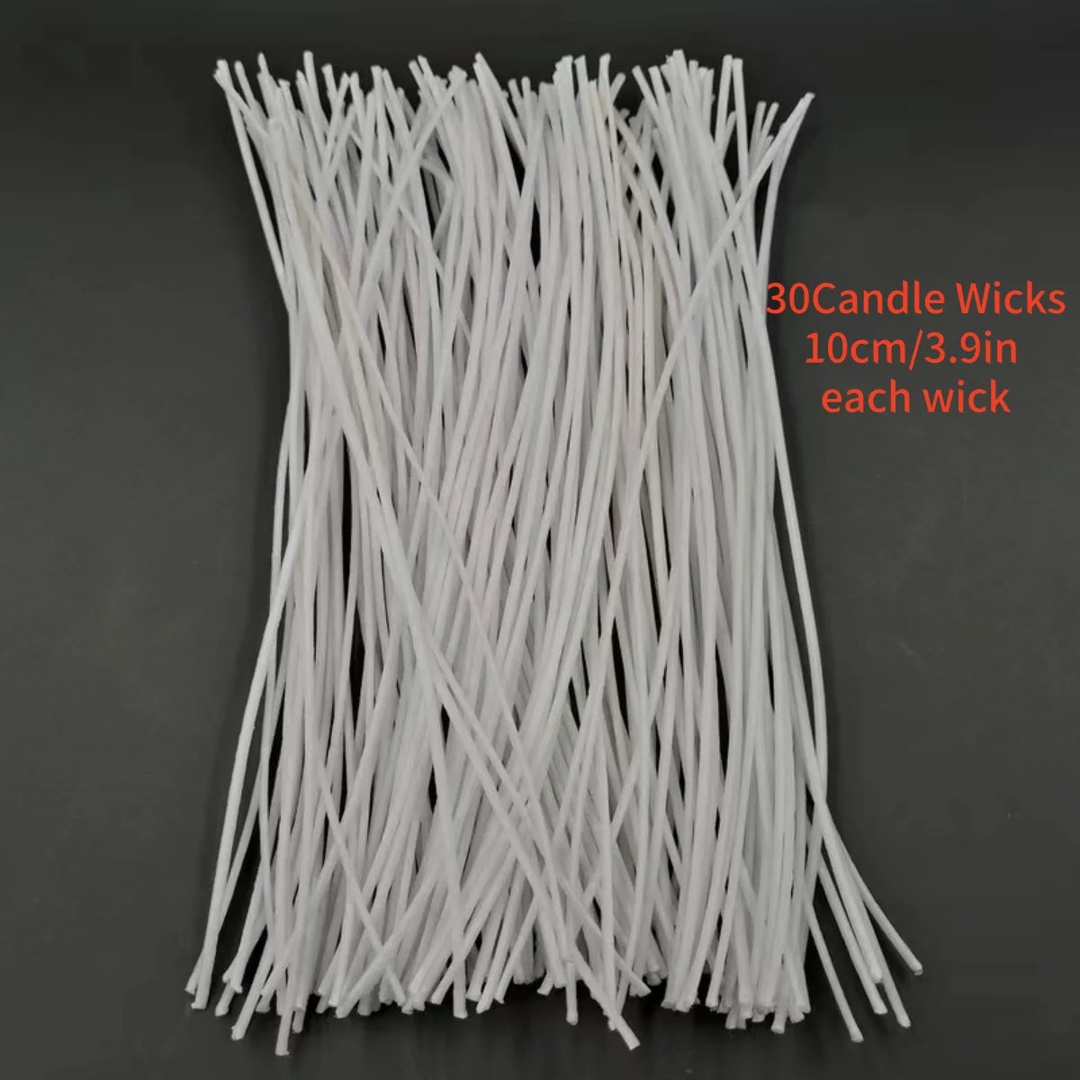 30 candle wicks, each 10cm long, on a dark background with text indicating the quantity and length.