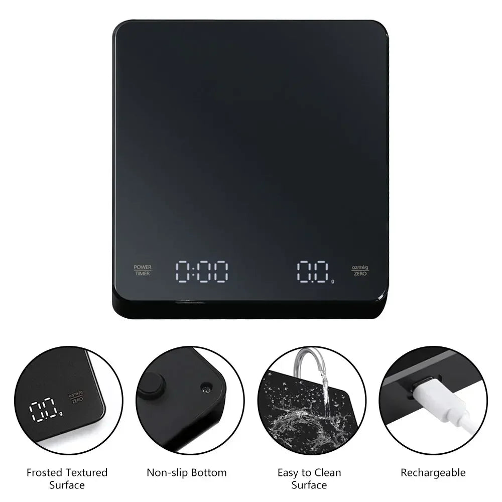 Black digital kitchen scale with features highlighted on a white background