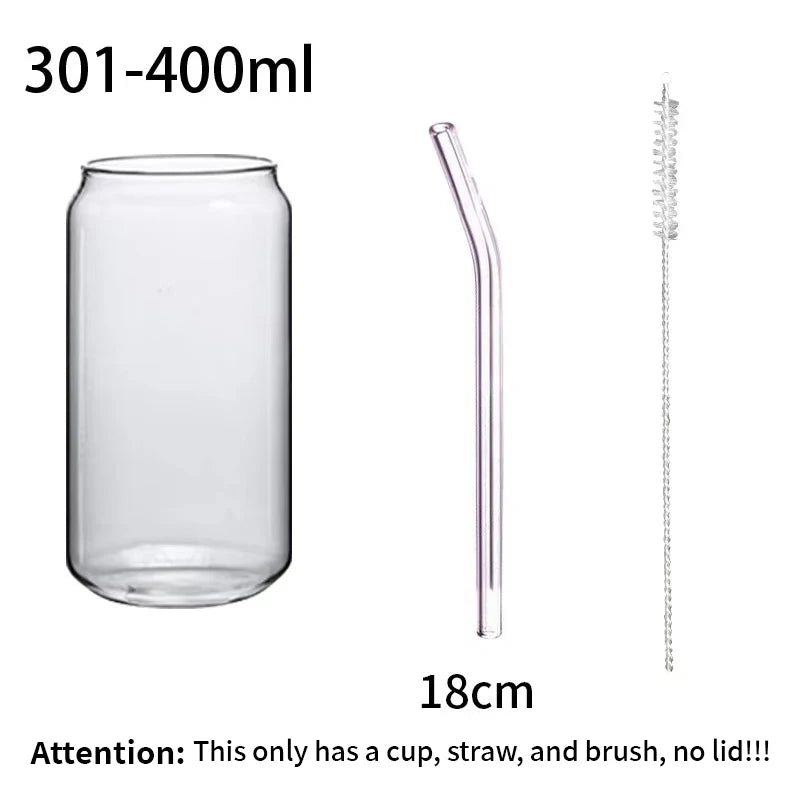 Clear glass cup, straw, and cleaning brush with measurements on a white background