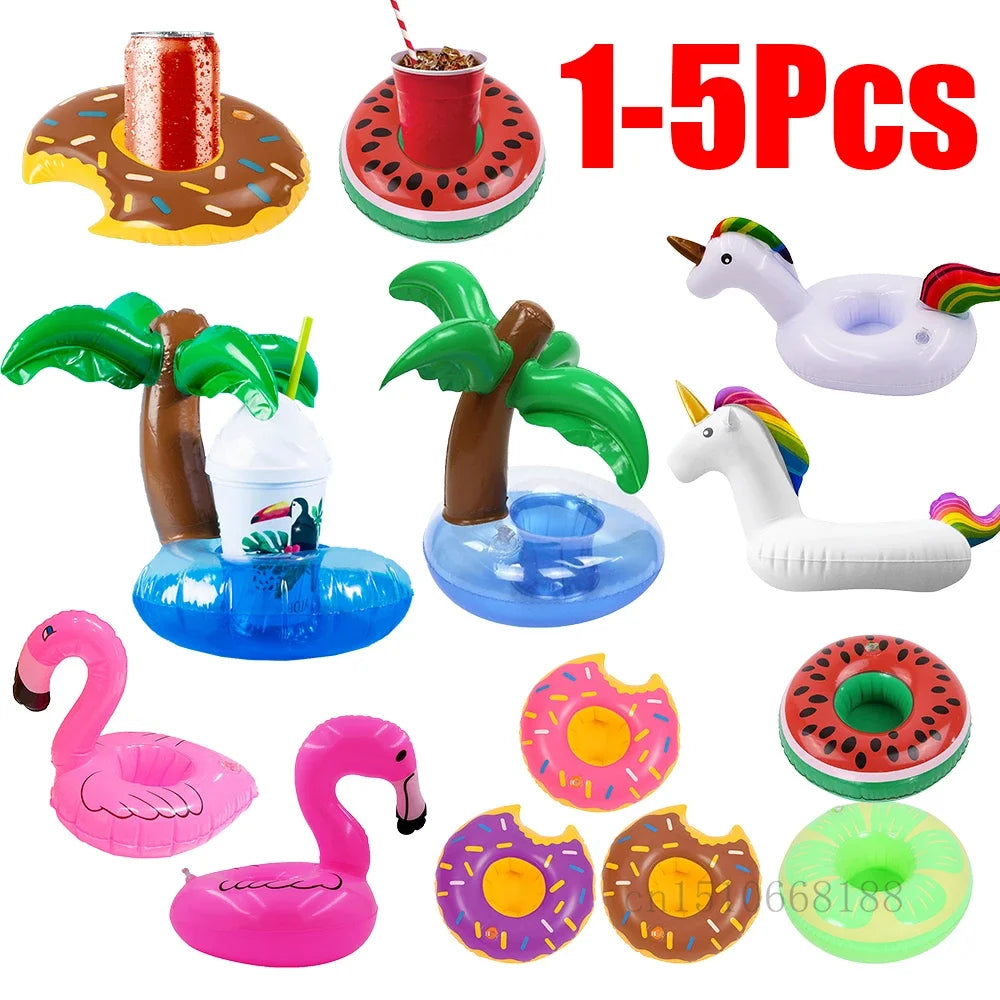 Bring tropical vibes to your next beach day or pool party with this Mini Coconut Tree & Flamingo Inflatable Drink Holder ! Made from durable PVC, it's lightweight, easy to inflate, and keeps your beverage floating right beside you.