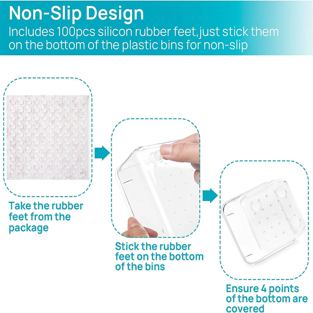 Instructions for using non-slip rubber feet on plastic bins with clear illustrations and text.