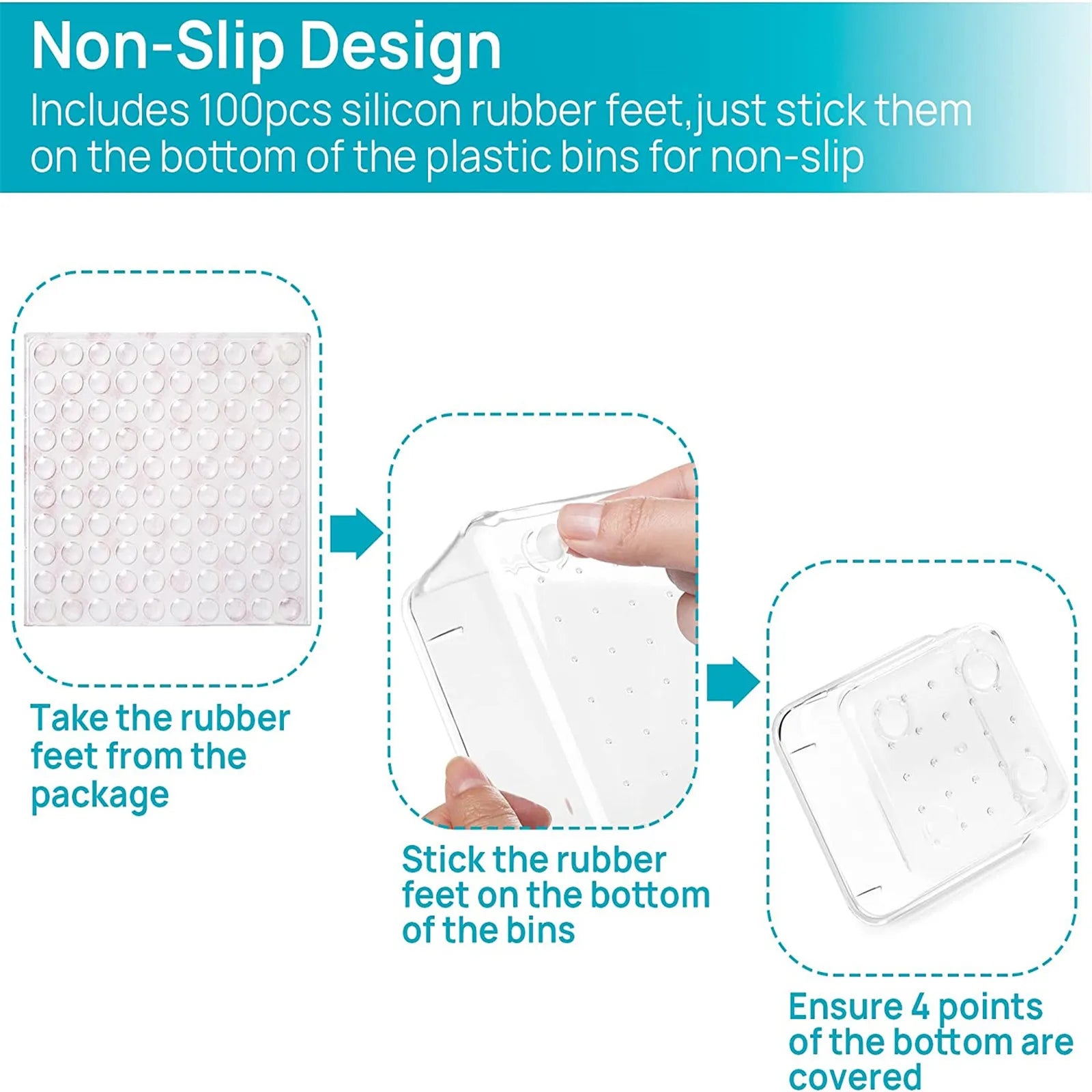 Instructions for using non-slip rubber feet on plastic bins with clear illustrations and text.