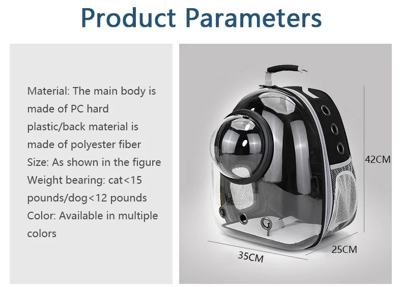 Pet carrier with product parameters on a gray background
