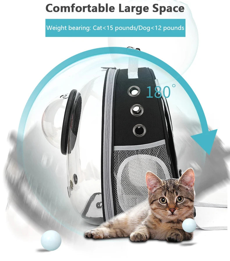 Pet carrier with a cat inside, showing weight bearing capacity and design features.