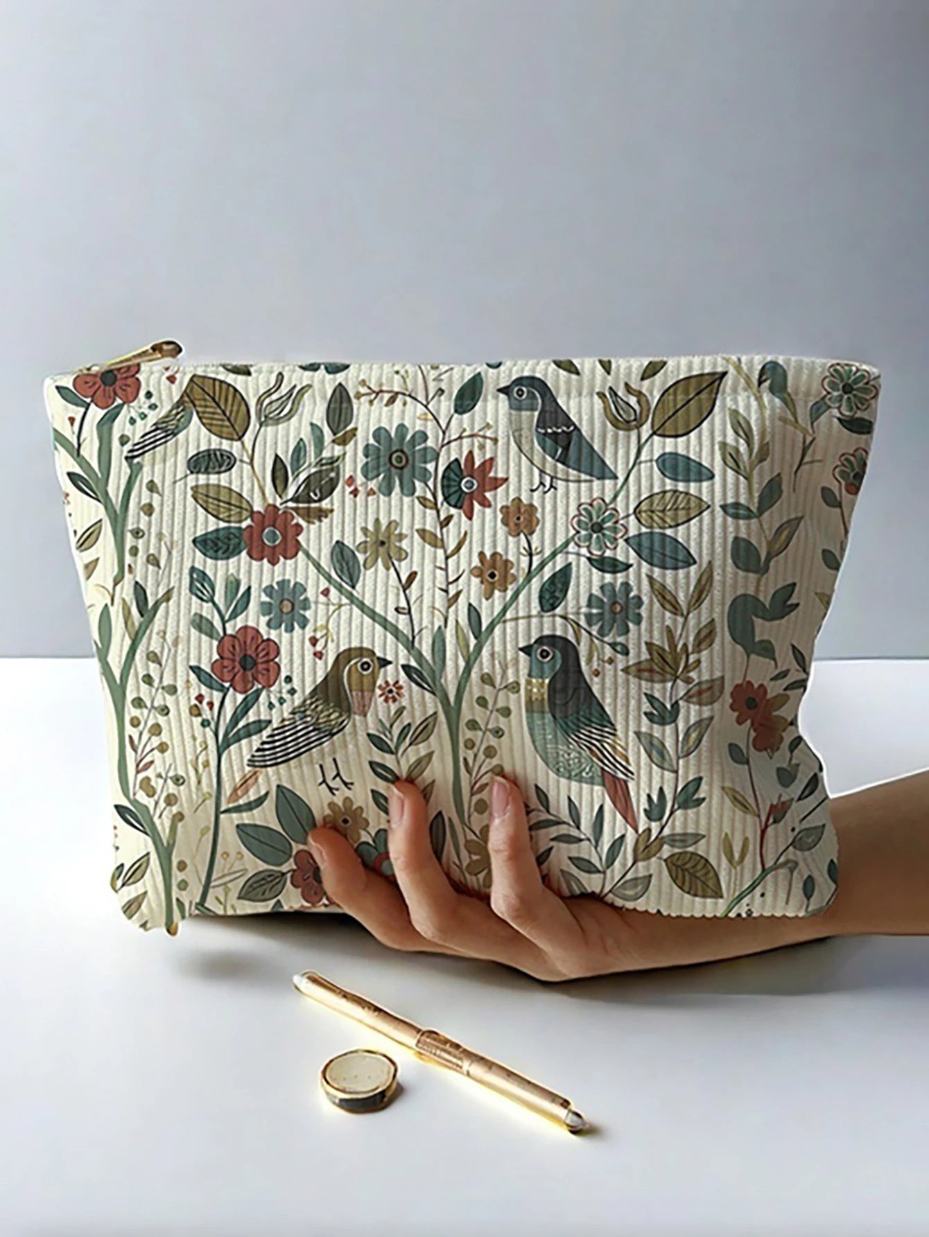Corduroy Branch Bird Zipper Makeup Bag