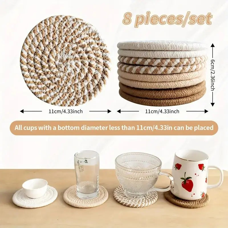 8-Piece Cotton Woven Drink Coasters – Minimalist Boho Coffee Table Decor Set