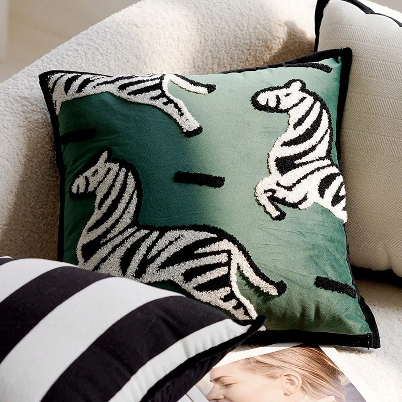 Decorative cushion with zebra pattern on a couch