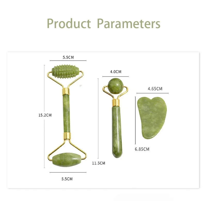 Green jade facial roller and gua sha tool with measurements on a white background