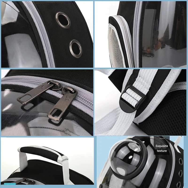 Collage of close-up details of a black and white backpack