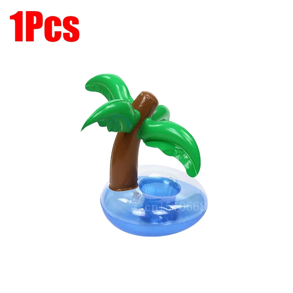 Bring tropical vibes to your next beach day or pool party with this Mini Coconut Tree & Flamingo Inflatable Drink Holder ! Made from durable PVC, it's lightweight, easy to inflate, and keeps your beverage floating right beside you.