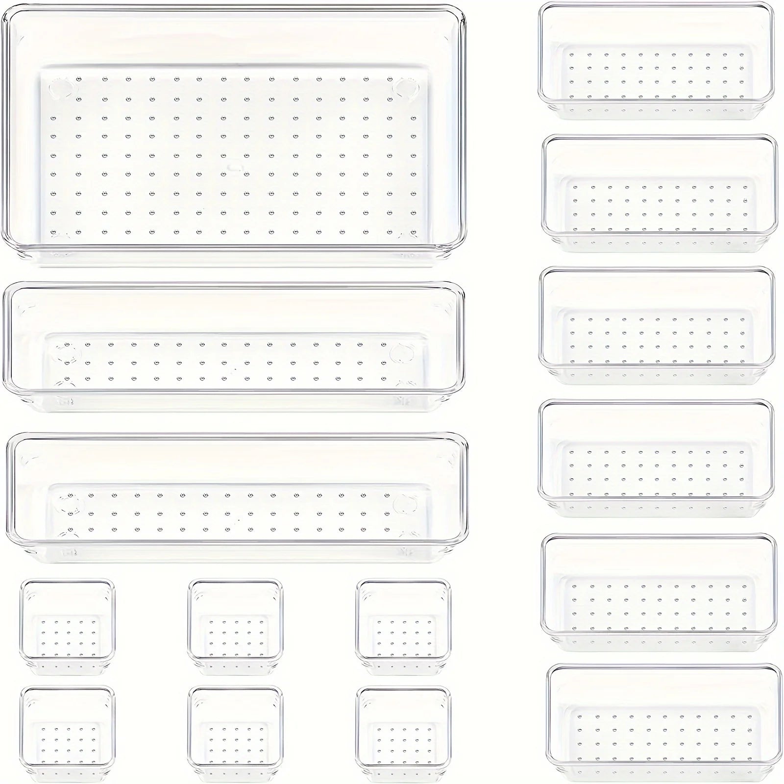 Set of clear plastic storage bins with perforated lids on a white background