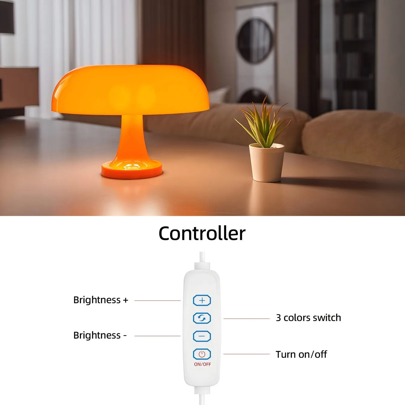 Orange lamp on a table with a controller diagram below