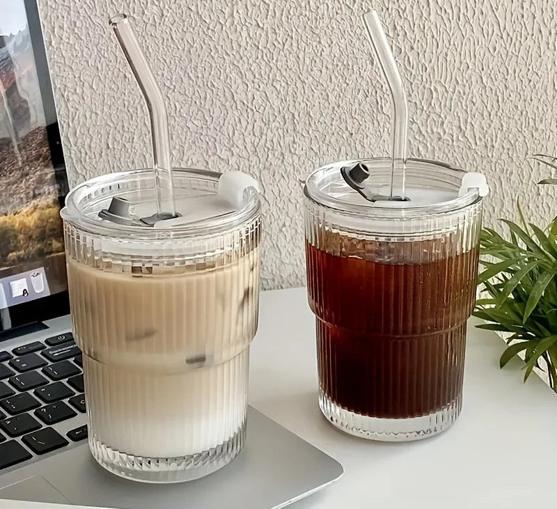 Stripe Glass Cup With Lid and Straw