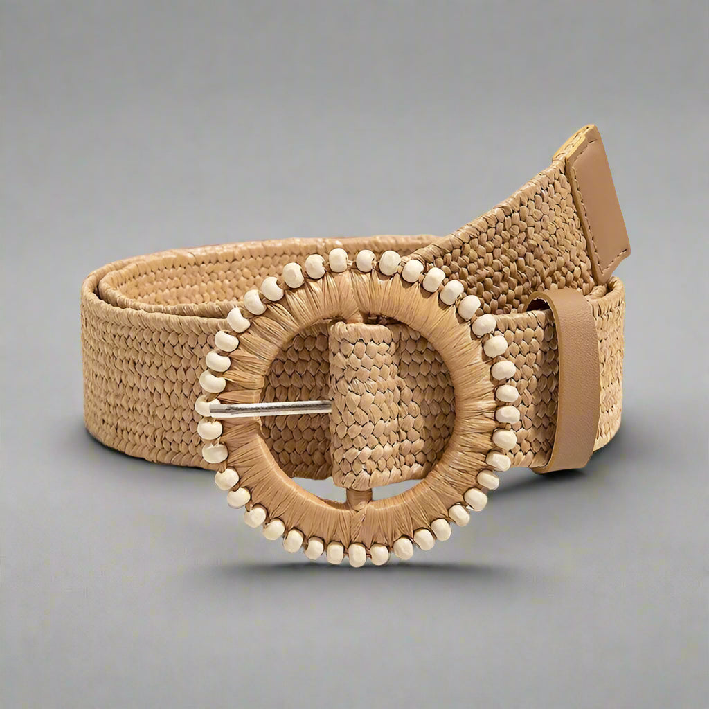 featuring an elegant round ellipse buckle and subtle beaded details. Lightweight, breathable, and beach-ready.