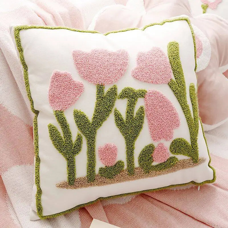 Pink Embroidered Decorative Cushion Cover – Floral Design