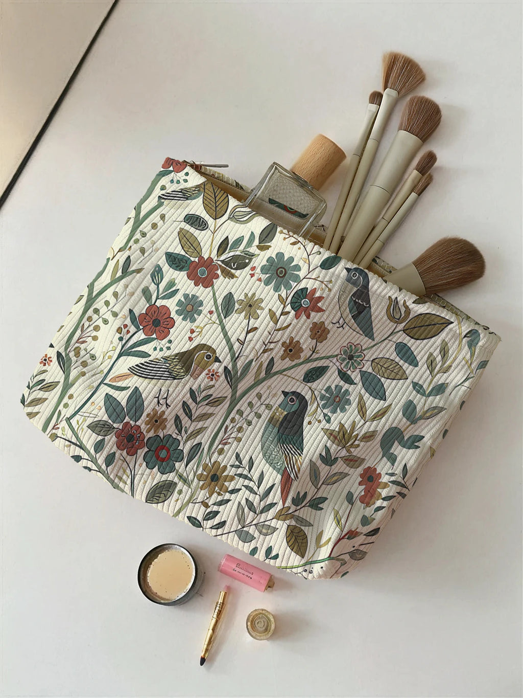 Corduroy Branch Bird Zipper Makeup Bag