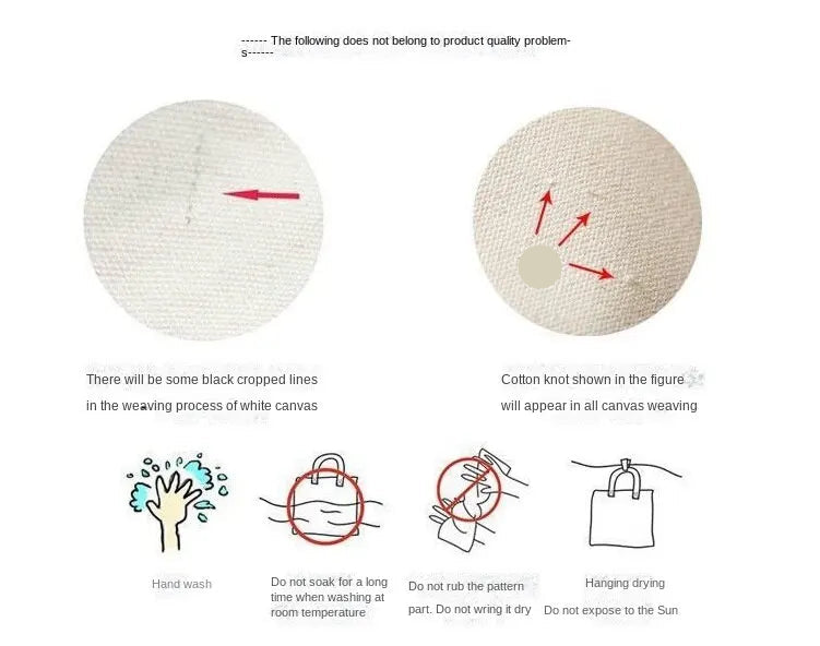 Illustrations and text explaining product quality issues and care instructions on a white background