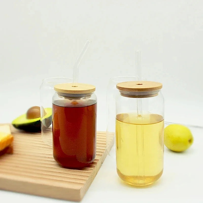 Two glass jars with wooden lids on a wooden cutting board with fruits around.