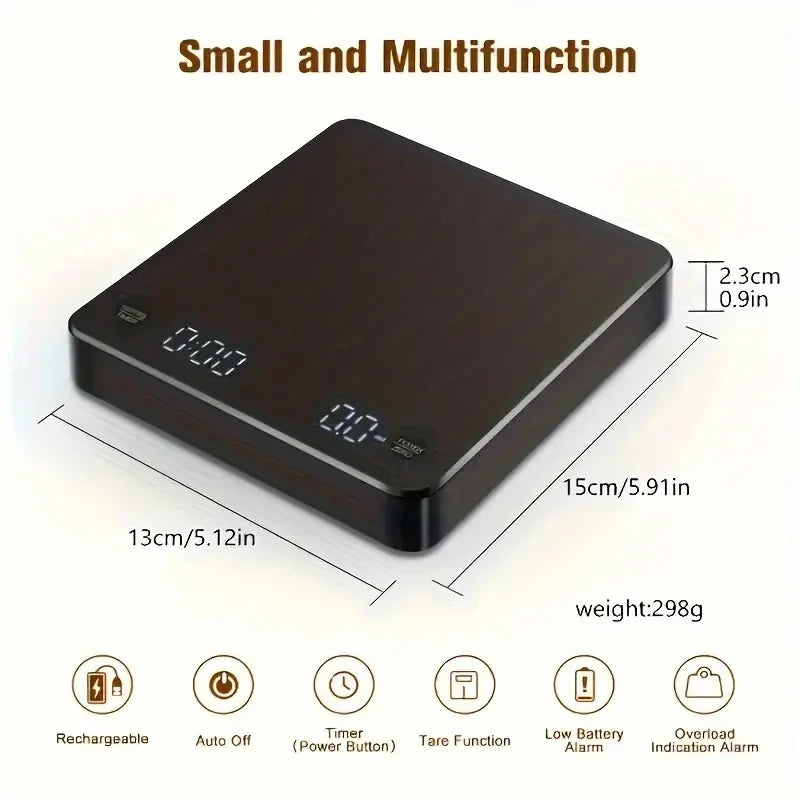 Black digital kitchen scale with dimensions and features on a white background