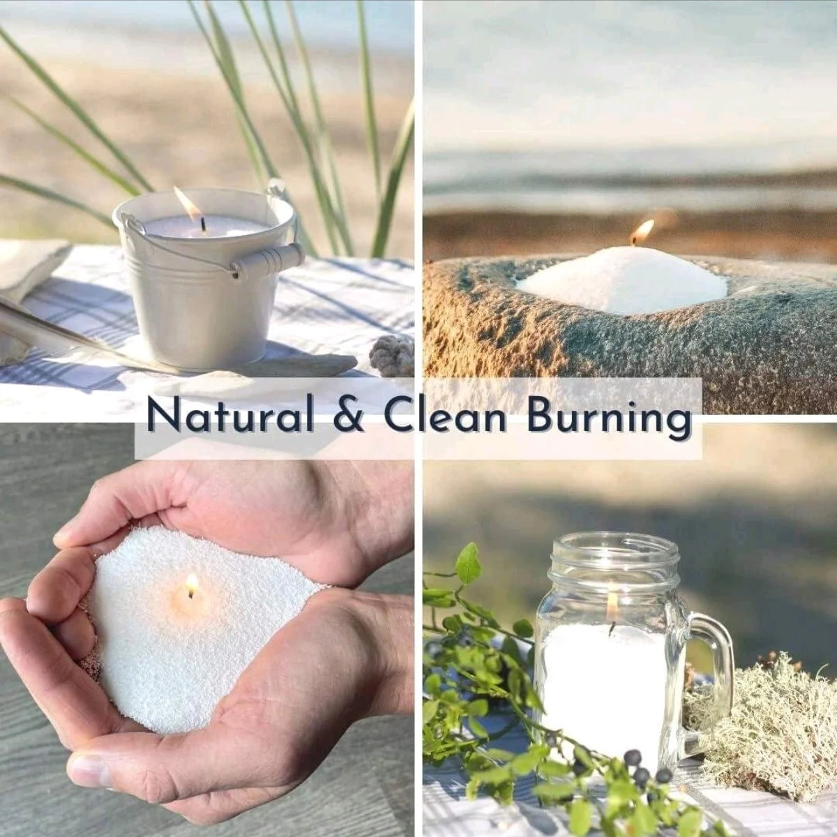 Collage of candles in various settings with text 'Natural & Clean Burning'.
