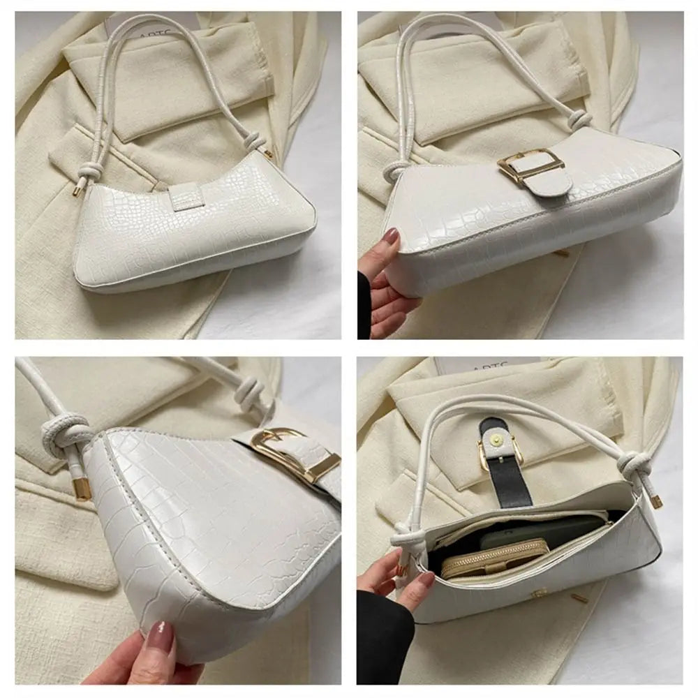 White handbag with gold accents shown from multiple angles on a neutral background.