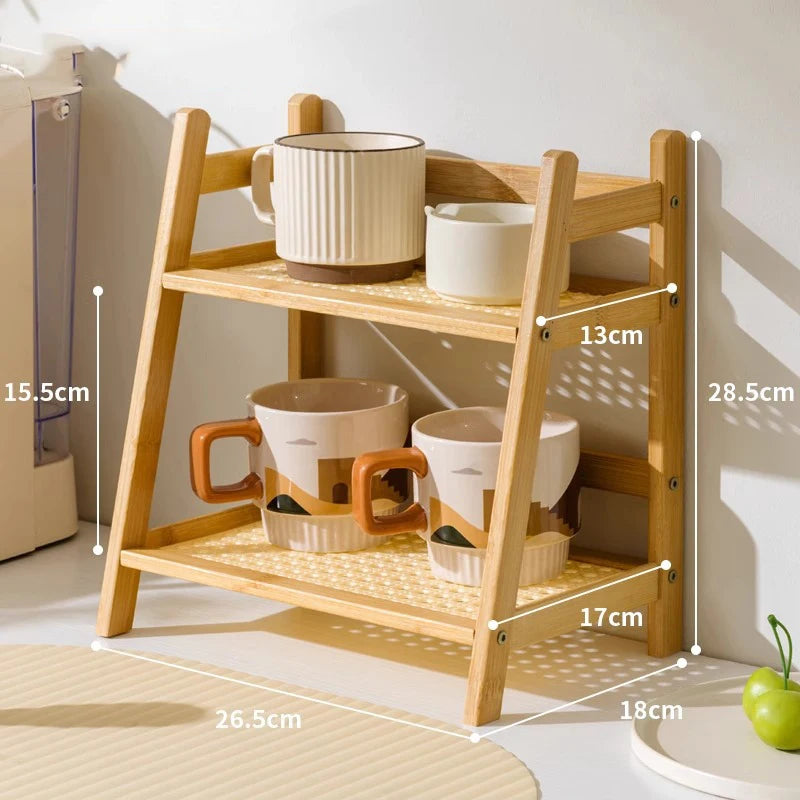 Wooden rattan shelf with kitchen items and measurements on a light background