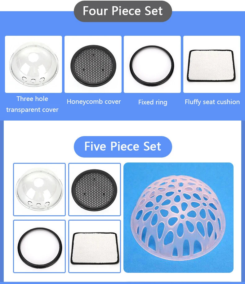 Set of bag parts including a three-hole cover, honeycomb cover, fixed ring, and fluffy seat cushion on a blue background.