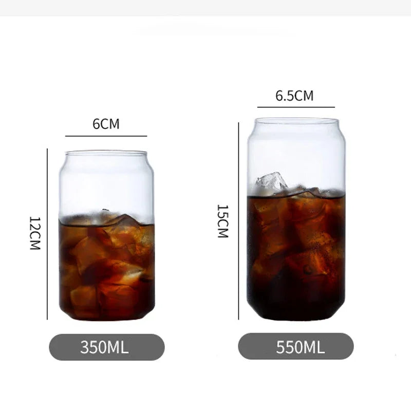 Two glass can-shaped tumblers with dimensions and liquid levels indicated.