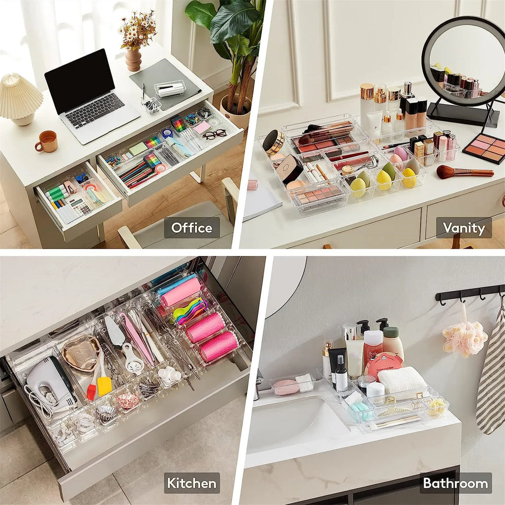 Collage of office, vanity, kitchen, and bathroom scenes with organized drawers and surfaces.