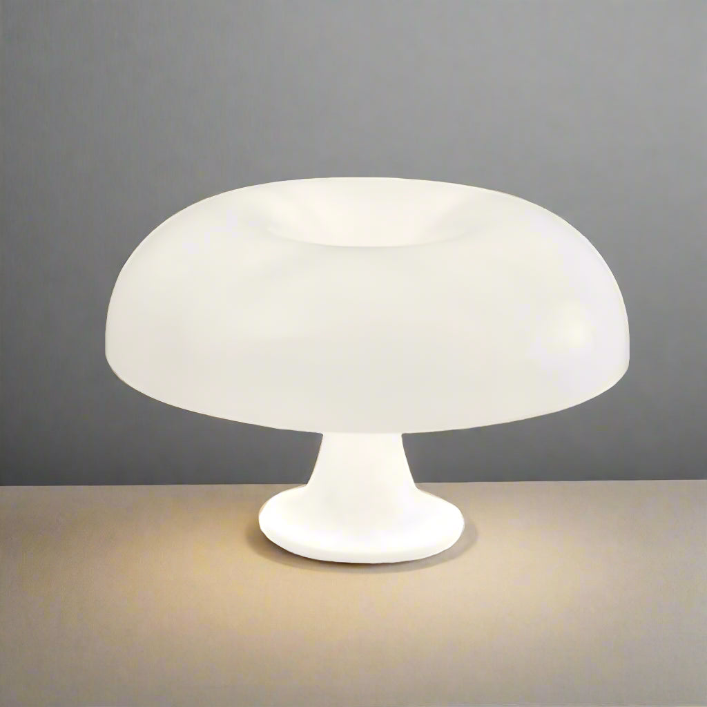 White mushroom-shaped lamp with dimensions on a white background