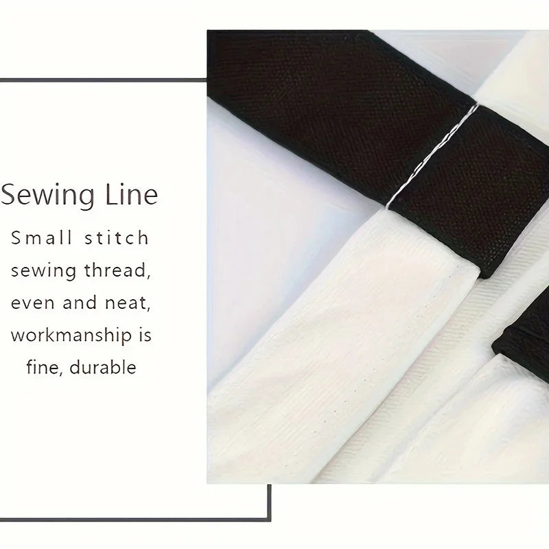 Close-up of black and white fabric with text describing sewing line quality.