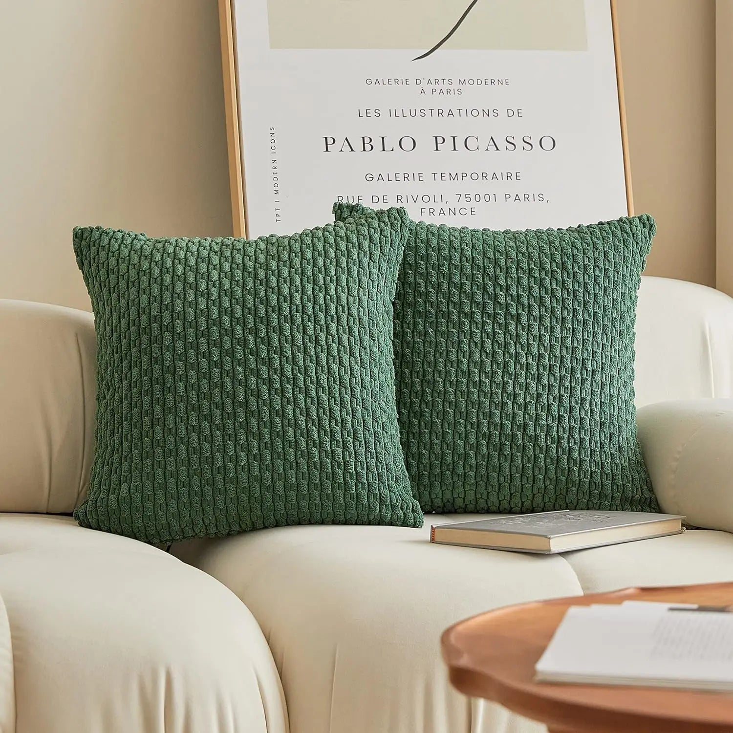 Two green textured pillows on a beige sofa with a Picasso poster in the background.
