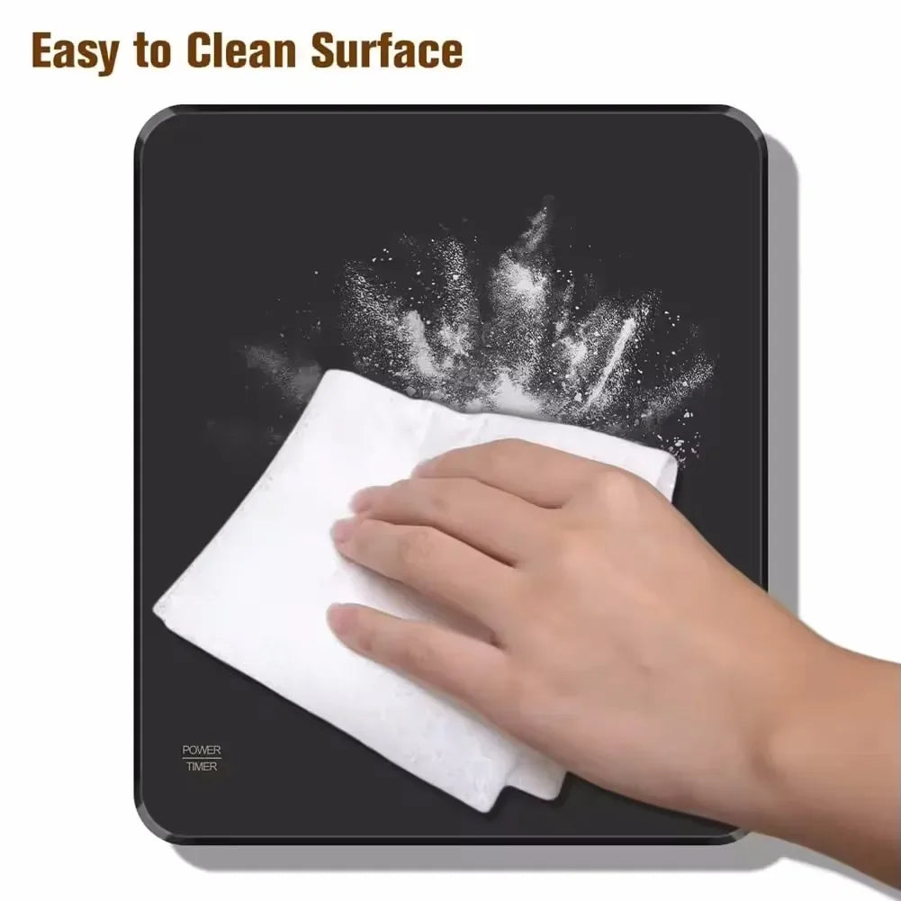 Hand using a white cloth to wipe a black surface with the text 'Easy to Clean Surface'.