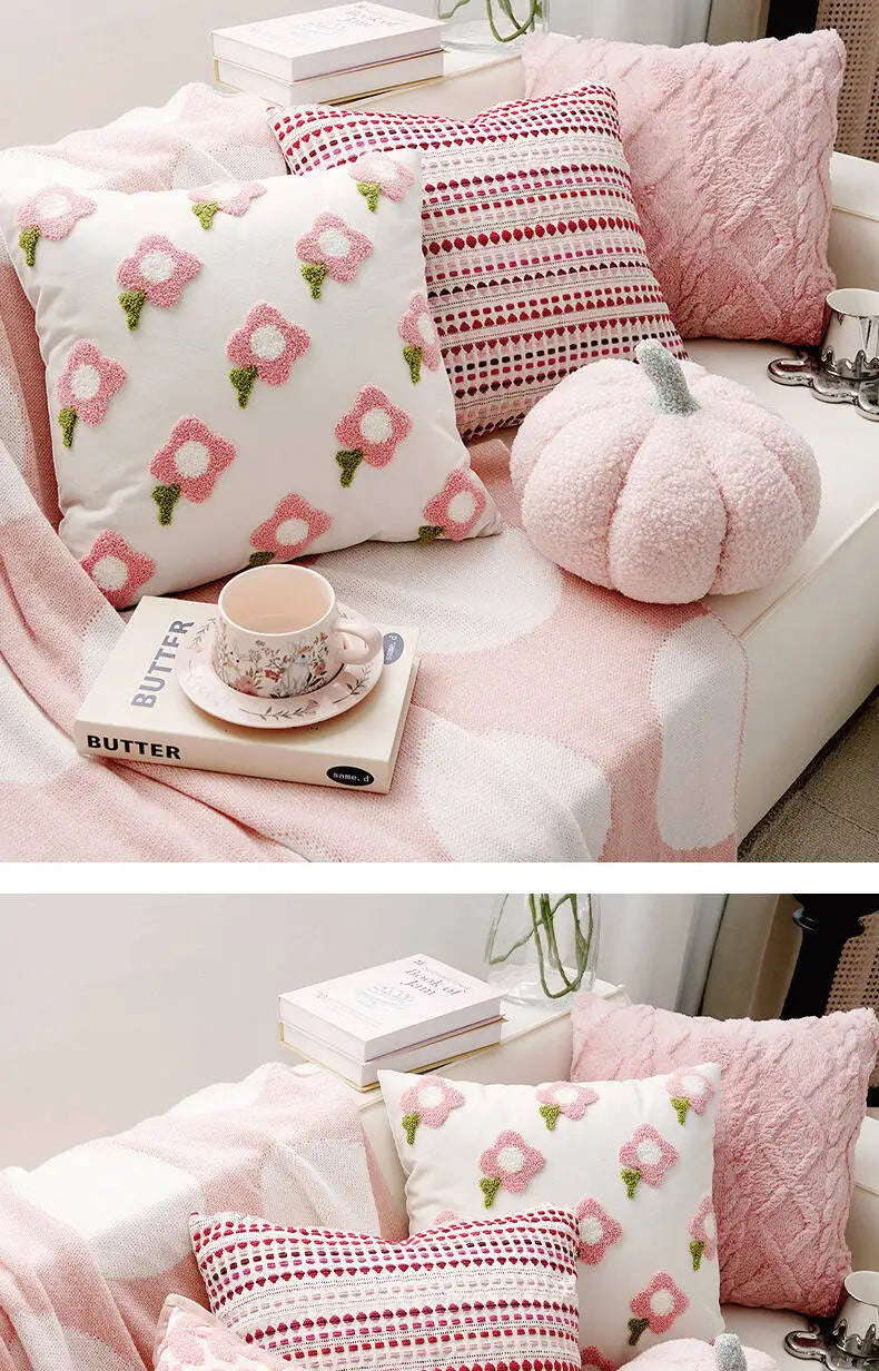 Pink Embroidered Decorative Cushion Cover – Floral Design