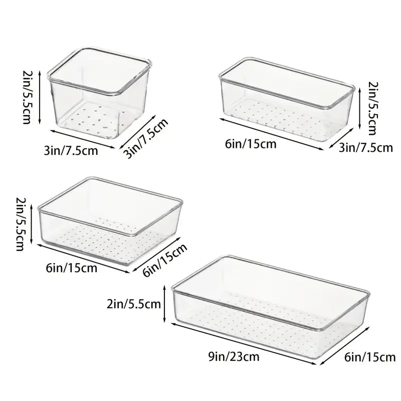 Set of clear plastic containers with dimensions labeled on a white background