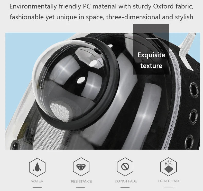 Close-up of a product with text about environmentally friendly PC material and Oxford fabric.