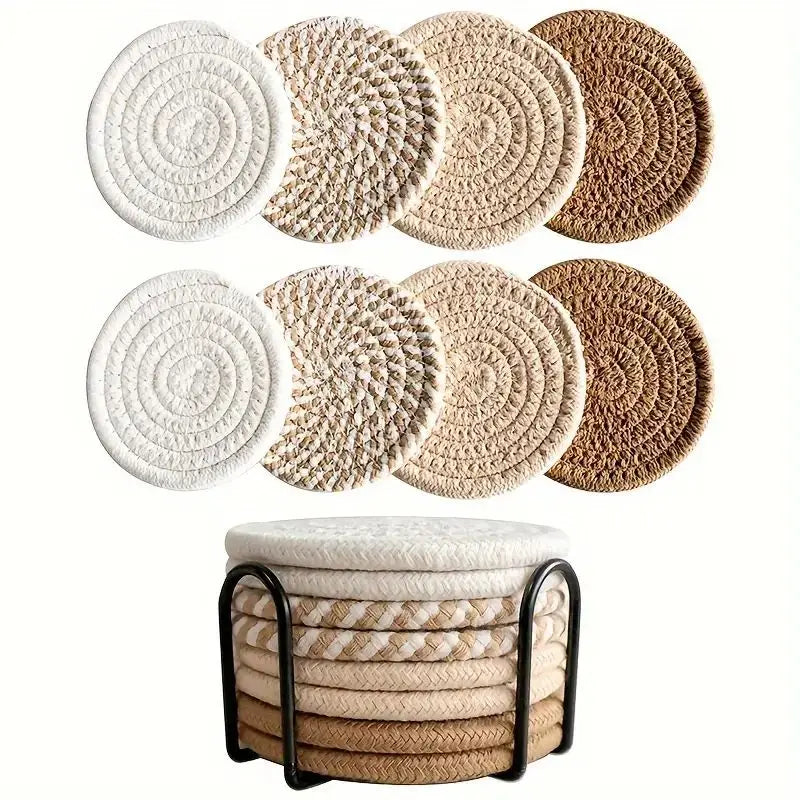 8-Piece Cotton Woven Drink Coasters – Minimalist Boho Coffee Table Decor Set
