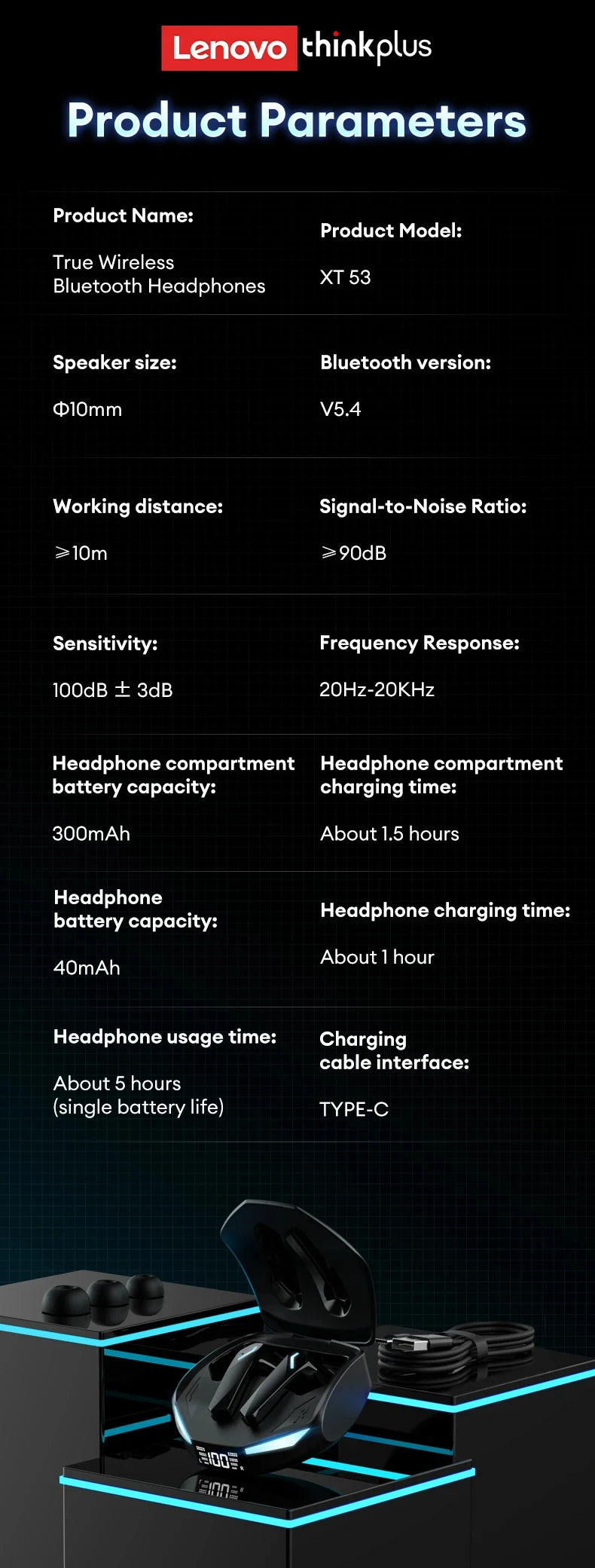 Lenovo Think Plus XT53 Wireless Earbuds – Bluetooth 5.4 Gaming Headset with LED Display & Long Battery Life