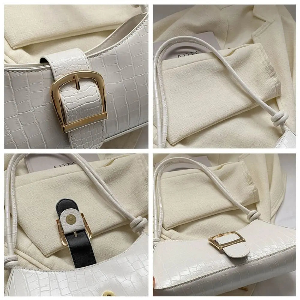 Collage of a white handbag with gold buckle and black strap, showing different angles.