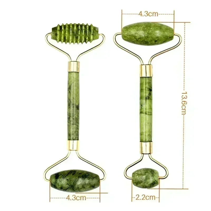 Two green jade rollers with measurements on a white background
