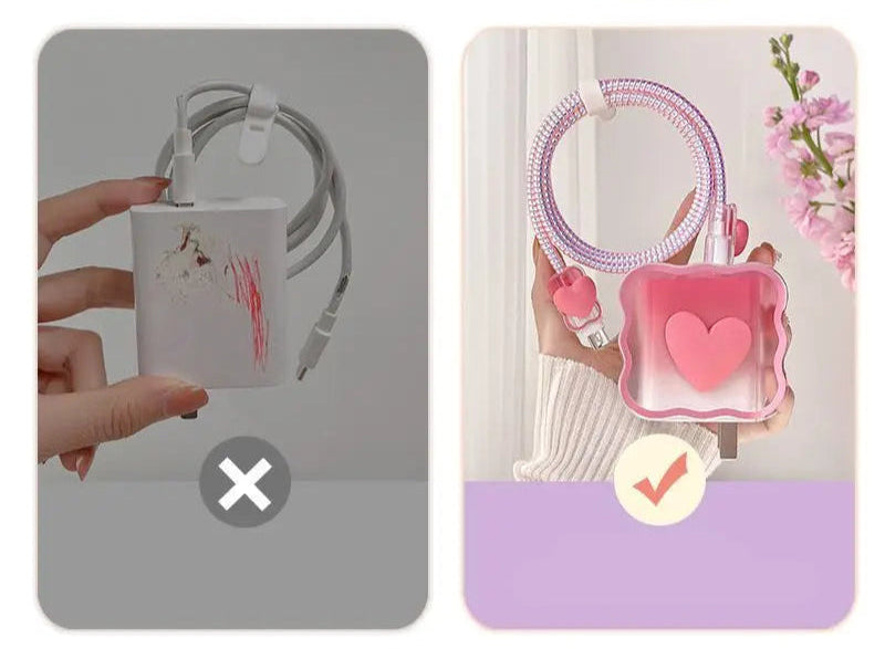 Comparison of a plain cable and a decorative cable with a heart-shaped design on a pink background.