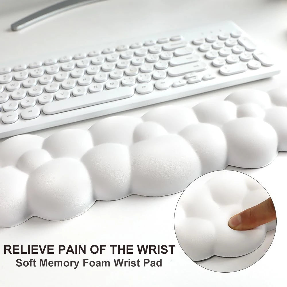 White soft memory foam wrist pad on a desk with a keyboard, and close-up of the product.