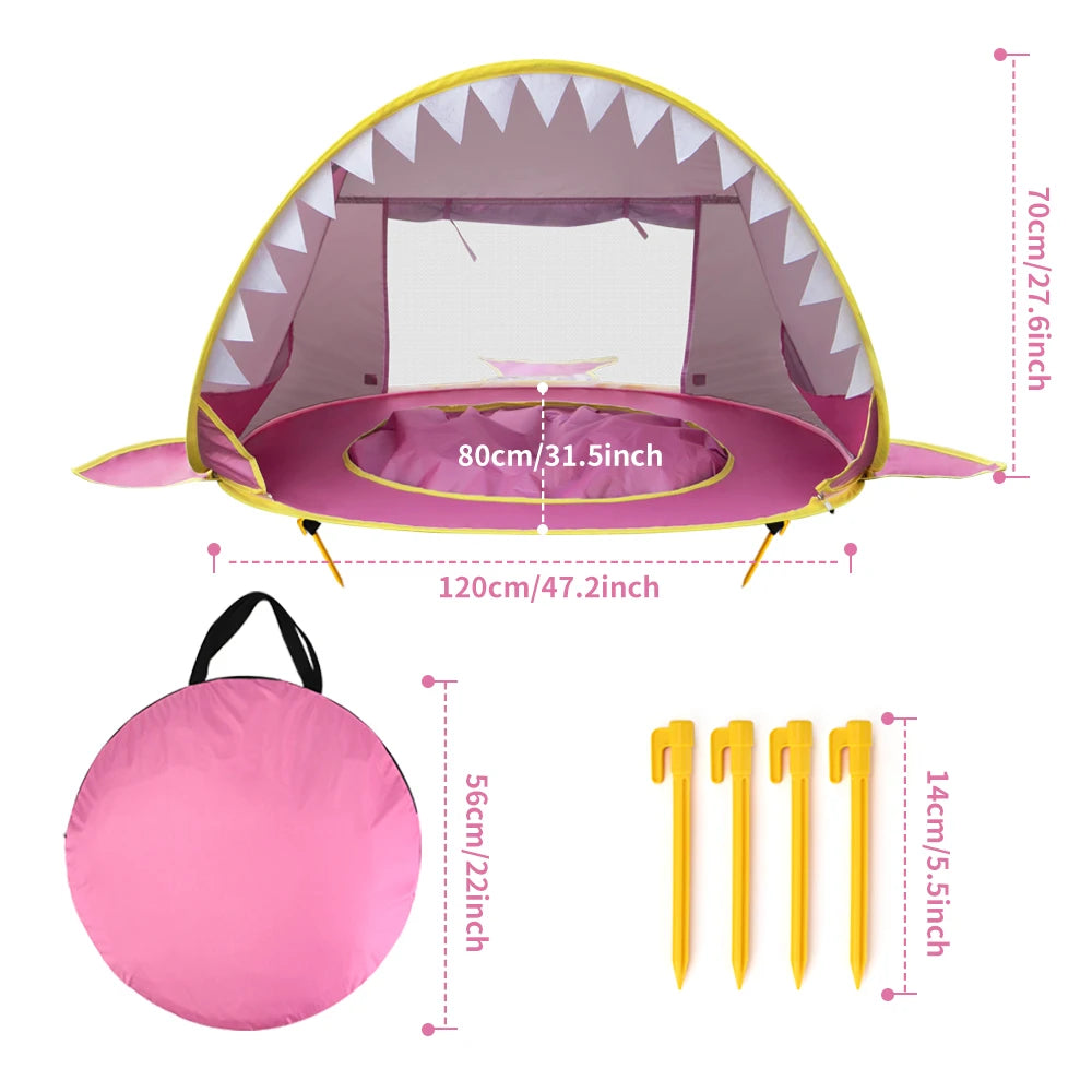 Pink trampoline with shark design and dimensions displayed on a white background