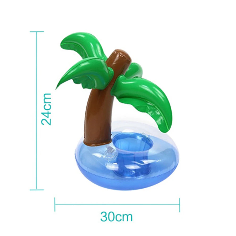 Bring tropical vibes to your next beach day or pool party with this Mini Coconut Tree & Flamingo Inflatable Drink Holder ! Made from durable PVC, it's lightweight, easy to inflate, and keeps your beverage floating right beside you.