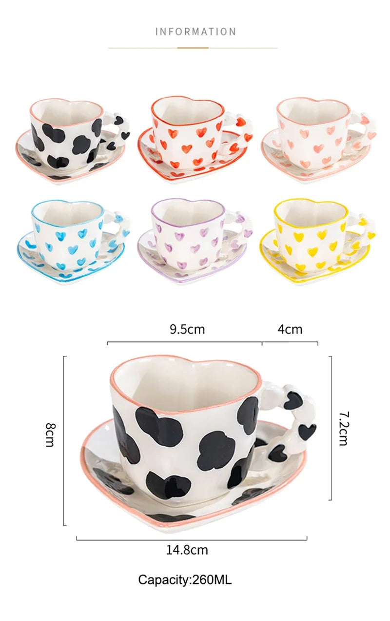 Set of ceramic cups and saucers with various patterns and measurements on a white background